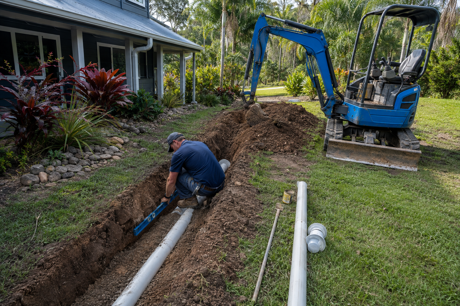 Drainage installation and compact excavation at a hinterland property