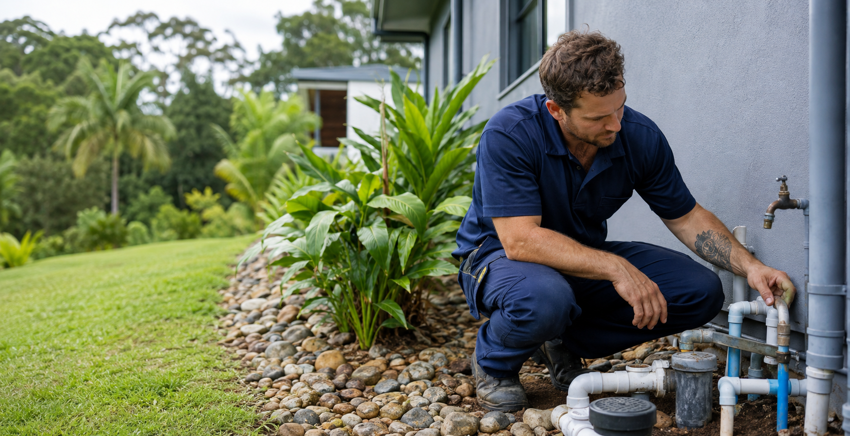 A plumber inspecting exterior pipework at a Sunshine Coast hinterland home